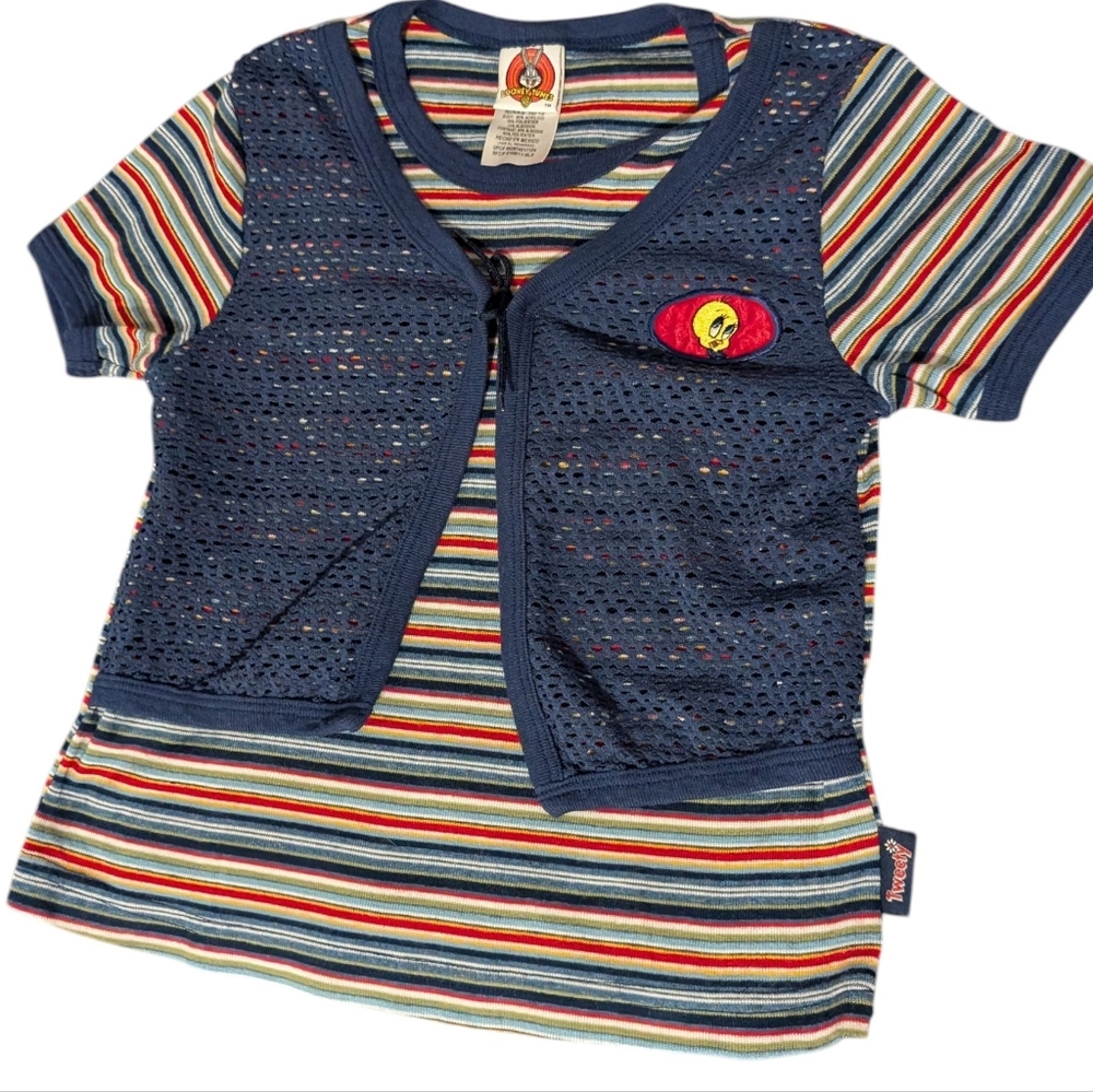 90s Vintage Looney Tunes Tweety Bird Multicolor Striped Tee Navy Vest Youth